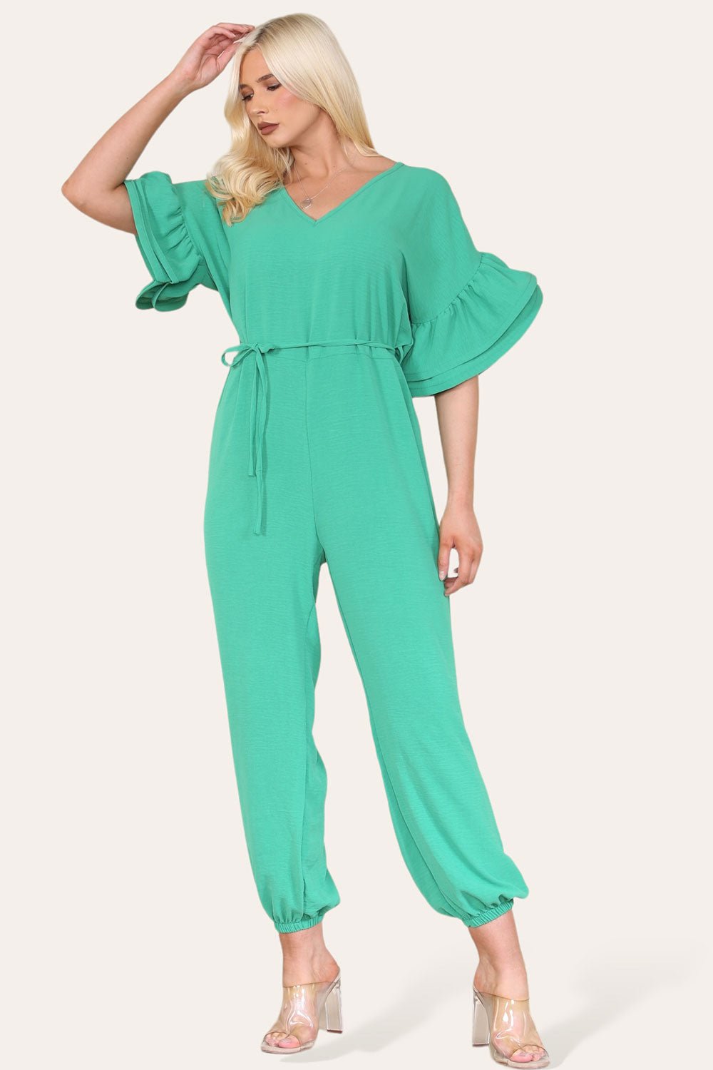 Black Ruffle Sleeves Frill Tie Jumpsuit For Women ONESIZE UK FIT (UP TO 16) - Dropwear