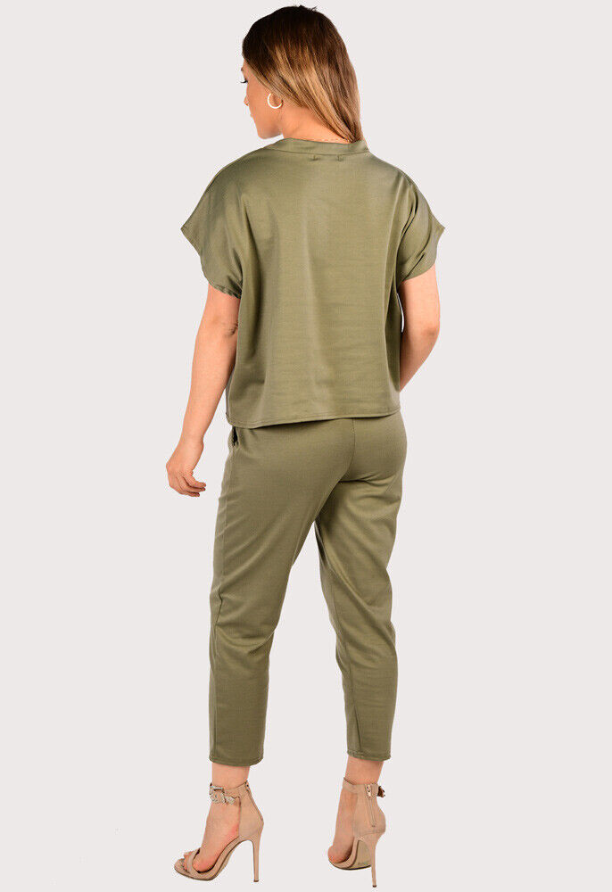 Khaki Boxy Short Sleeved Round Neck Two Piece Loungewear Tracksuit For Women 20-22 - Dropwear
