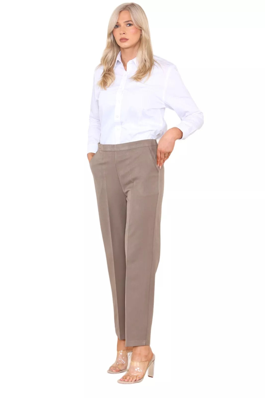 Blue Half Elasticated Pocket Trouser - Blue, Taupe, White For Women 8 - Dropwear