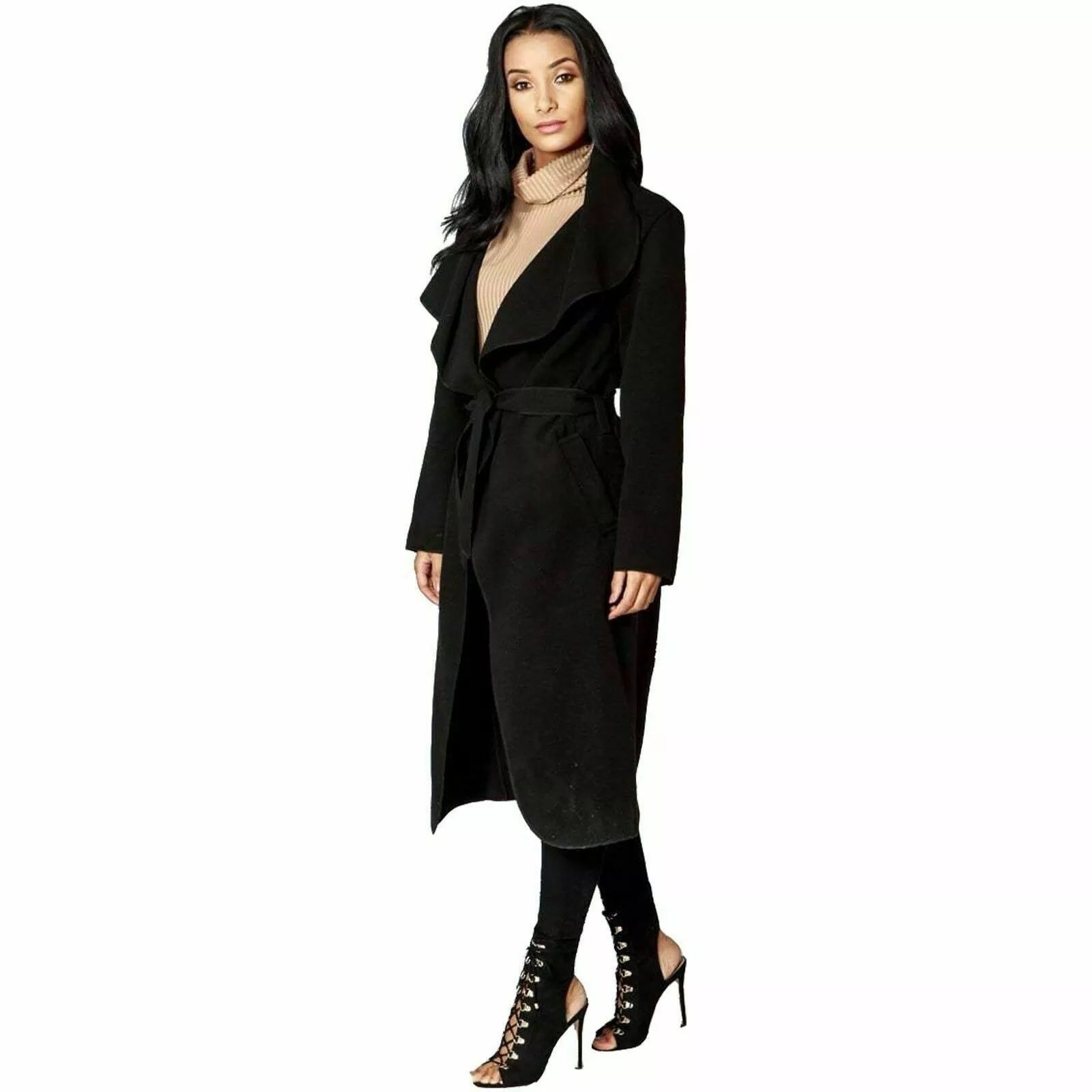 Dark Grey Plus Size Long Belt Pocket Open Coat For Women 16-22 - Dropwear