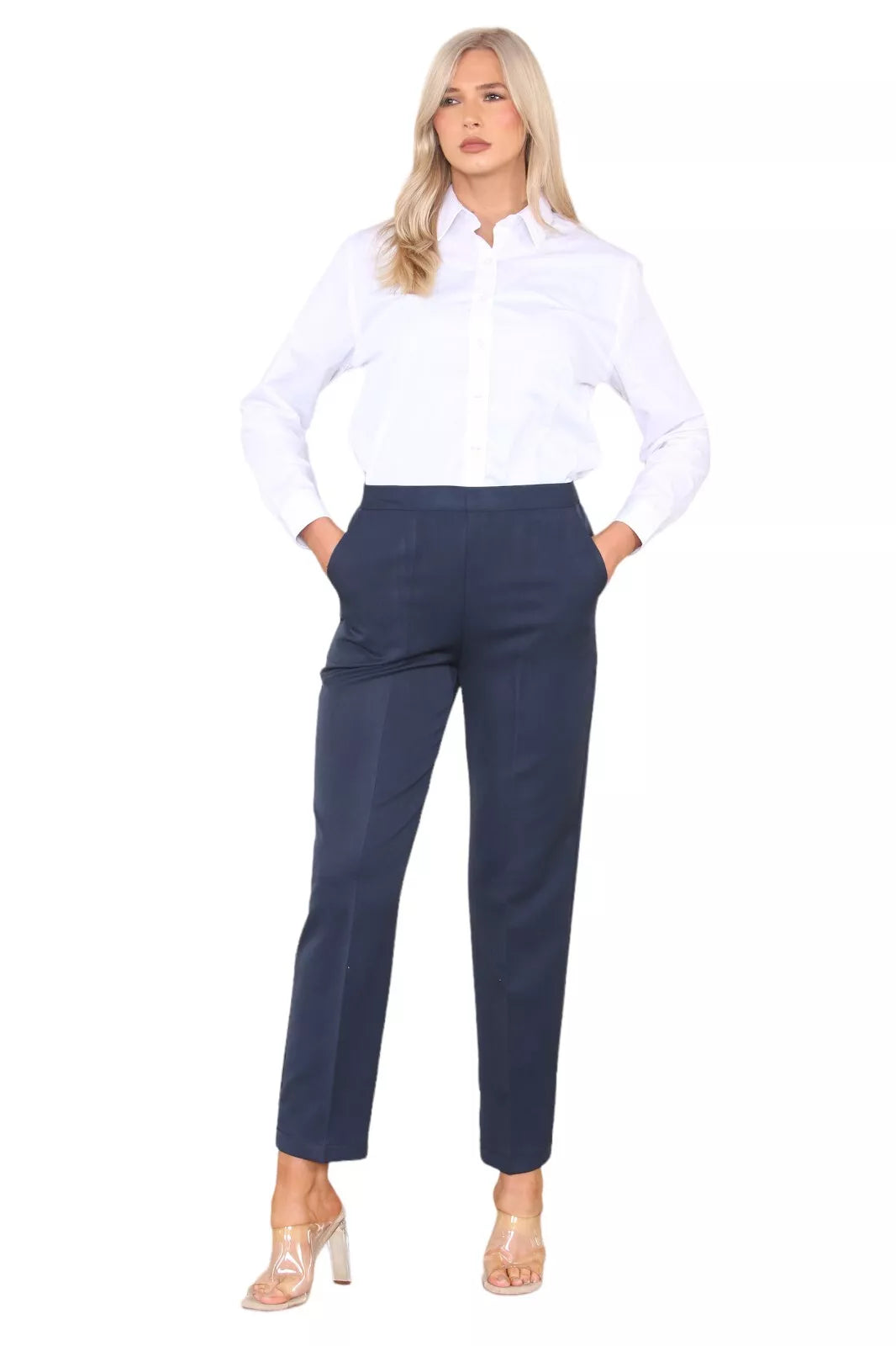 Blue Half Elasticated Pocket Trouser - Blue, Taupe, White For Women 14 - Dropwear