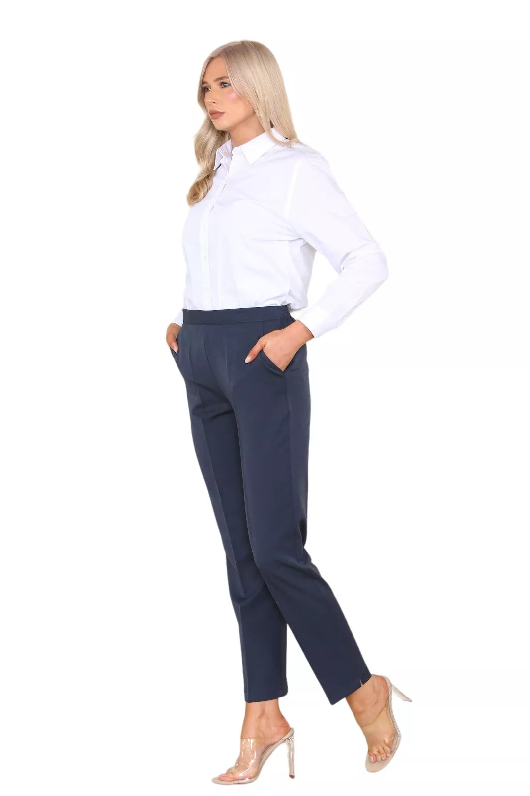 Blue Half Elasticated Pocket Trouser - Blue, Taupe, White For Women 10 - Dropwear