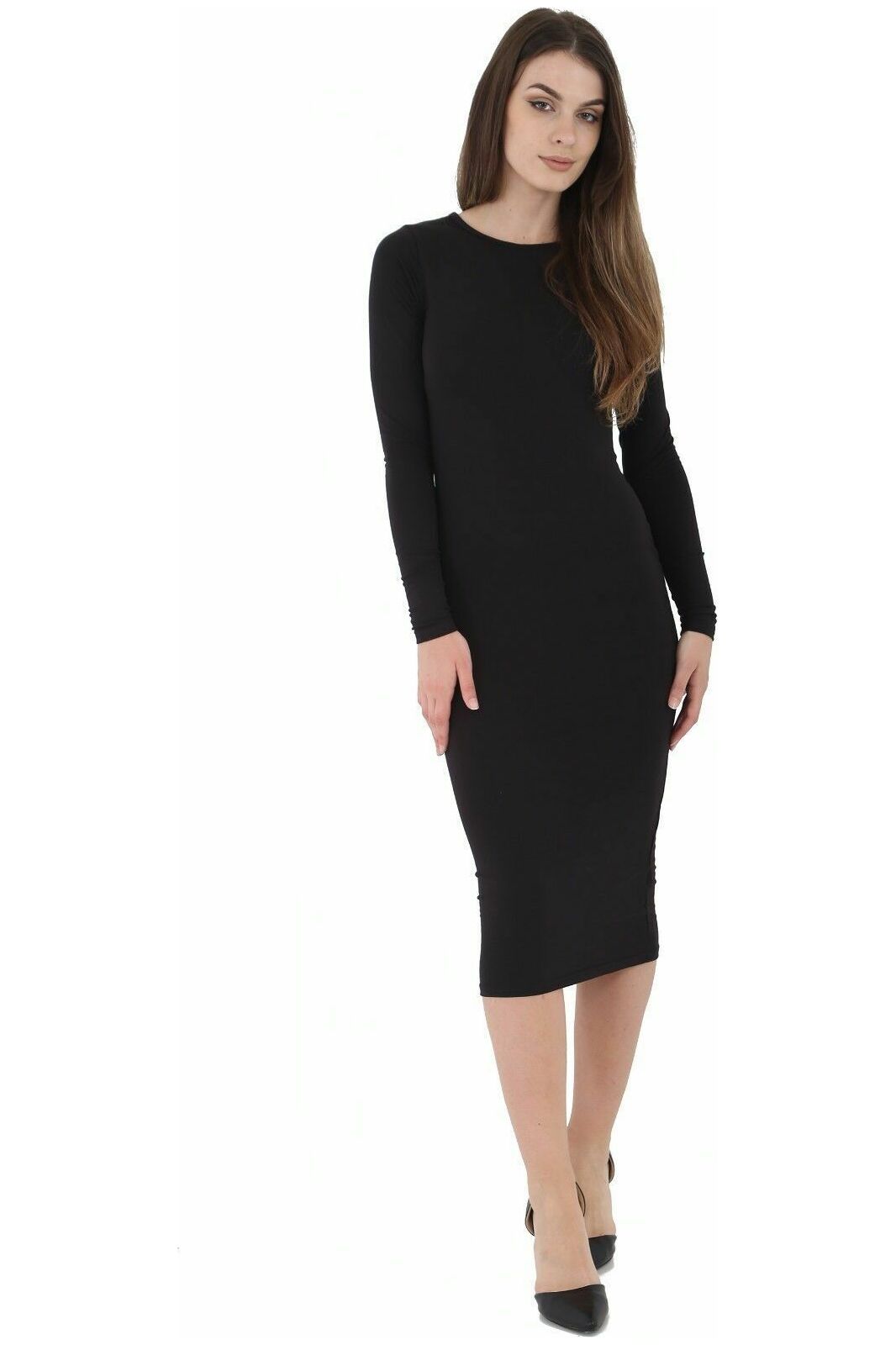 Black Bodycon Stretch Plain Midi Dress For Women 8-10 - Dropwear