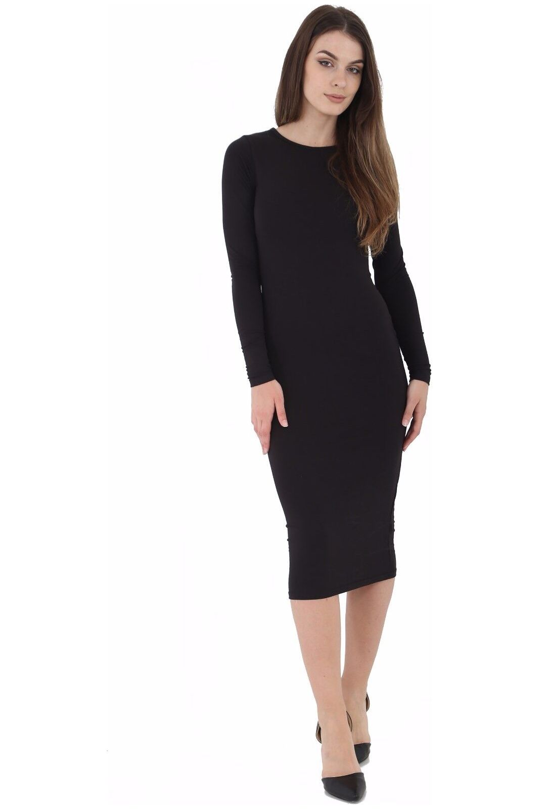 Dark Brown Plus Size Bodycon Stretch Plain Midi Dress For Women 24-26 - Dropwear