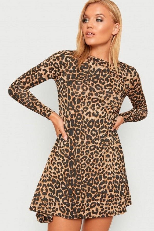 Brown Leopard Plus Size Leopard Print Long Sleeve Swing Dress Top For Women 16-18 - Dropwear