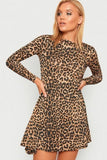 Brown Leopard Plus Size Leopard Print Long Sleeve Swing Dress Top For Women 16-18 - Dropwear