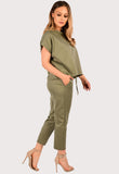 Khaki Boxy Short Sleeved Round Neck Two Piece Loungewear Tracksuit For Women 8-10 - Dropwear