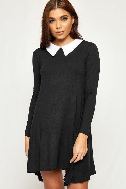 Black Plain Collar Flared Ladies Swing Dress For Women 8-10 - Dropwear