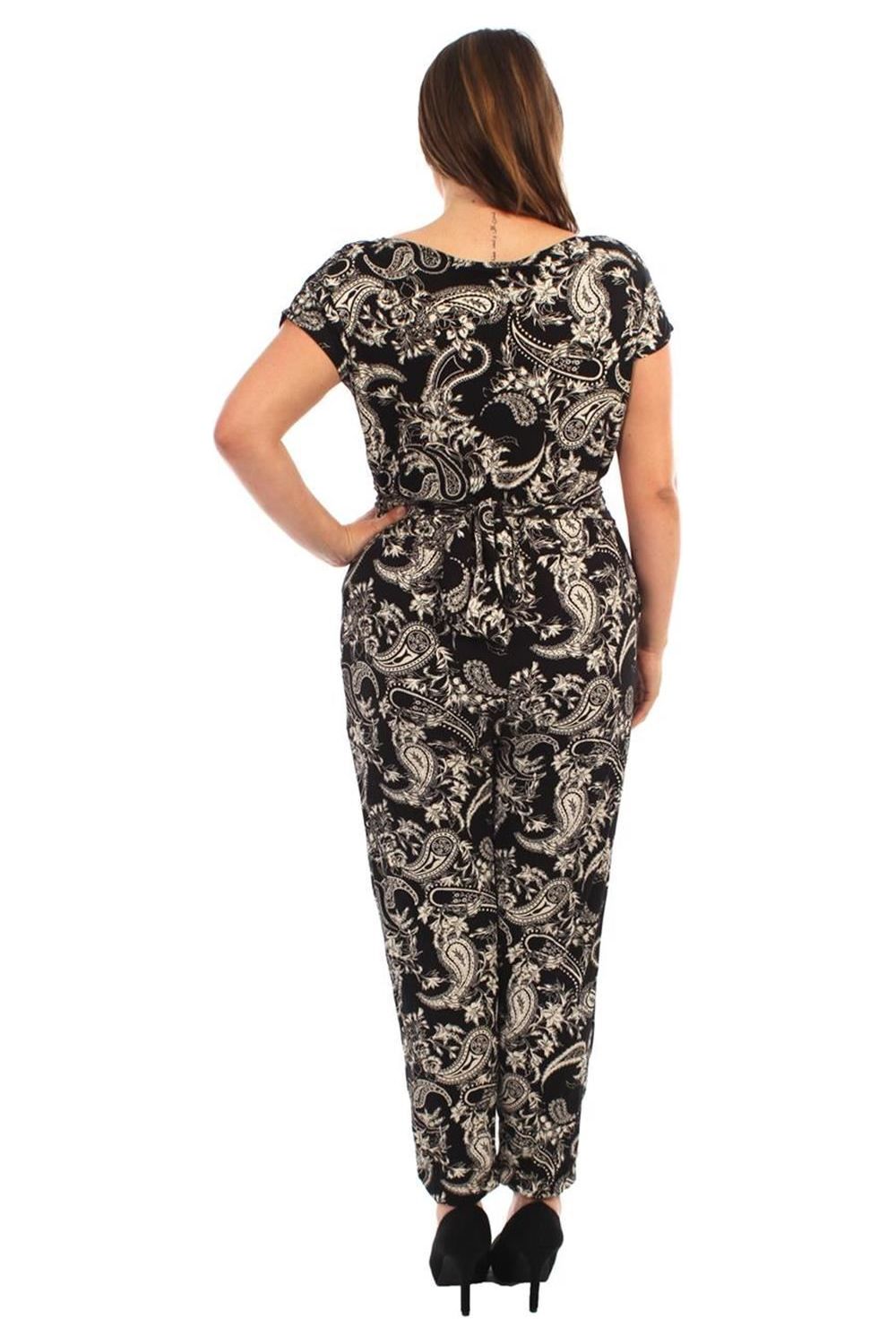 Black Plus Size Paisley Print Belted Jumpsuit For Women 18 - Dropwear