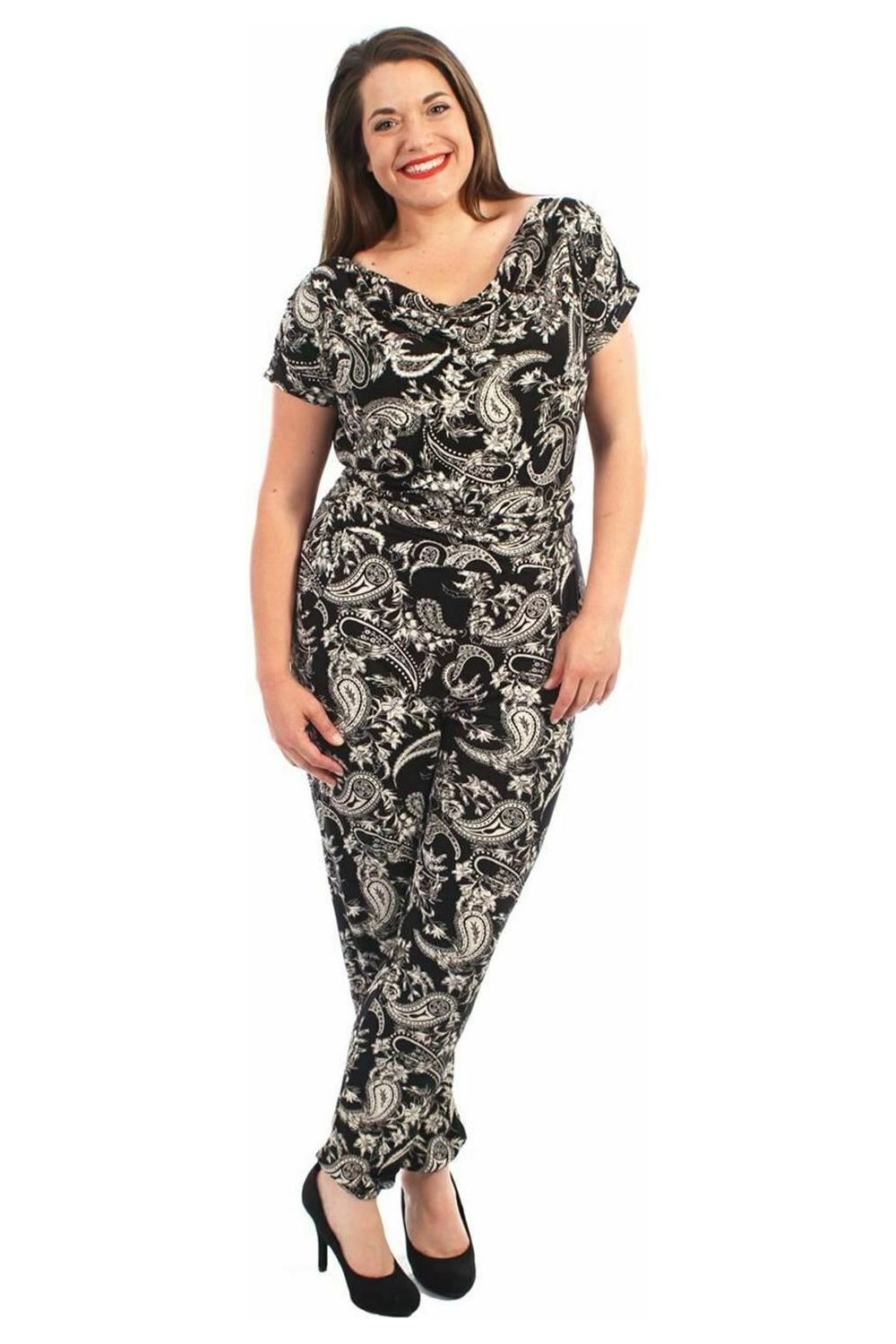 Black Plus Size Paisley Print Belted Jumpsuit For Women 14 - Dropwear