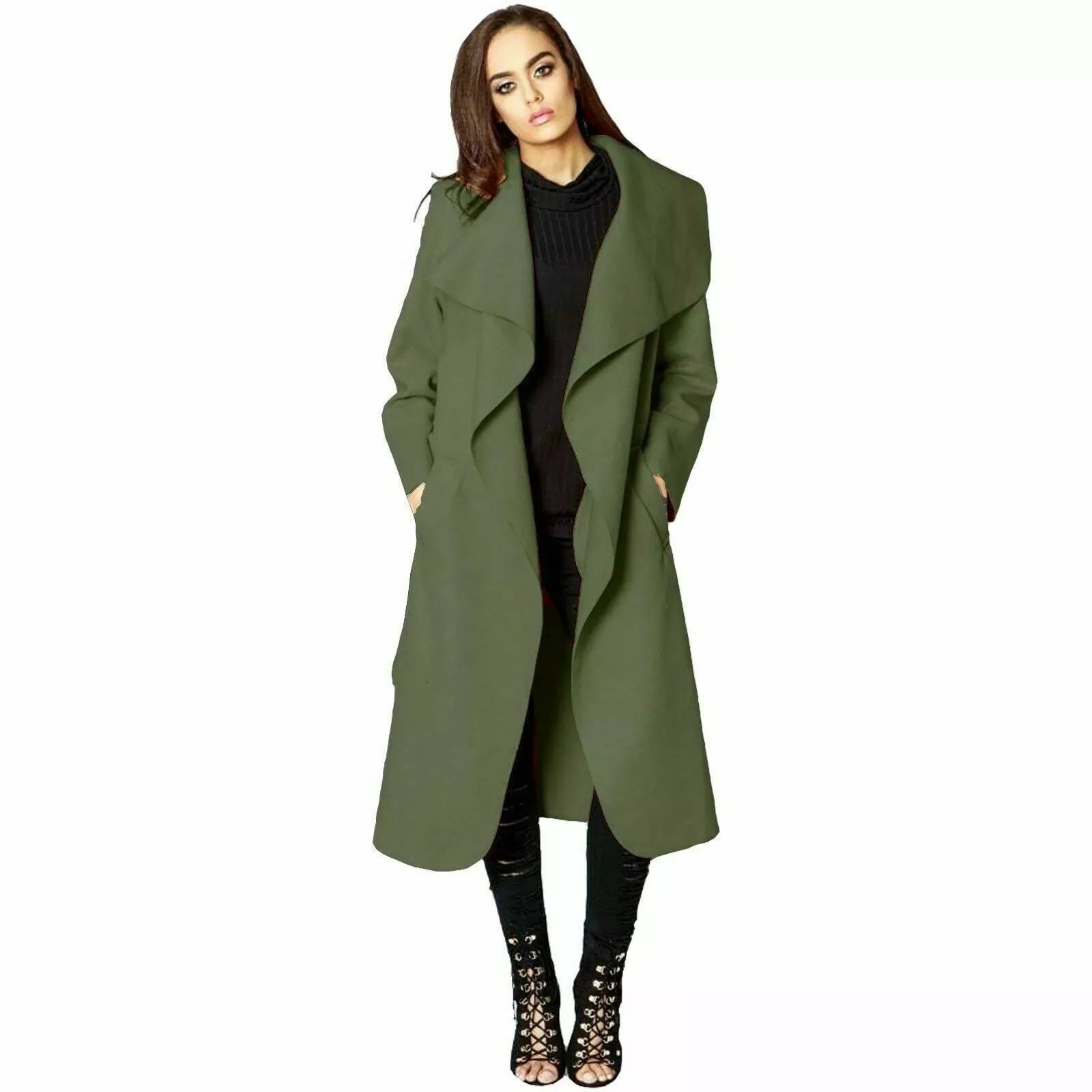 Light Grey Plus Size Long Belt Pocket Open Coat For Women 16-22 - Dropwear