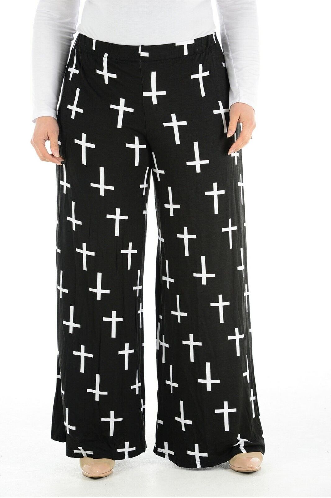 Black Cross Plus Size Black Cross Print Palazzo Trouser For Women 16-18 - Dropwear