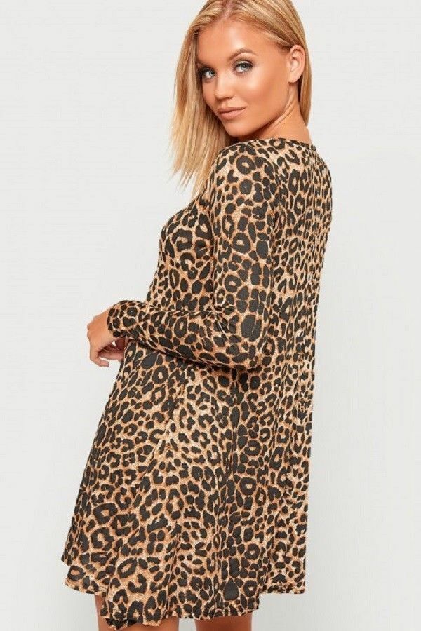 Brown Leopard Plus Size Leopard Print Long Sleeve Swing Dress Top For Women 20-22 - Dropwear