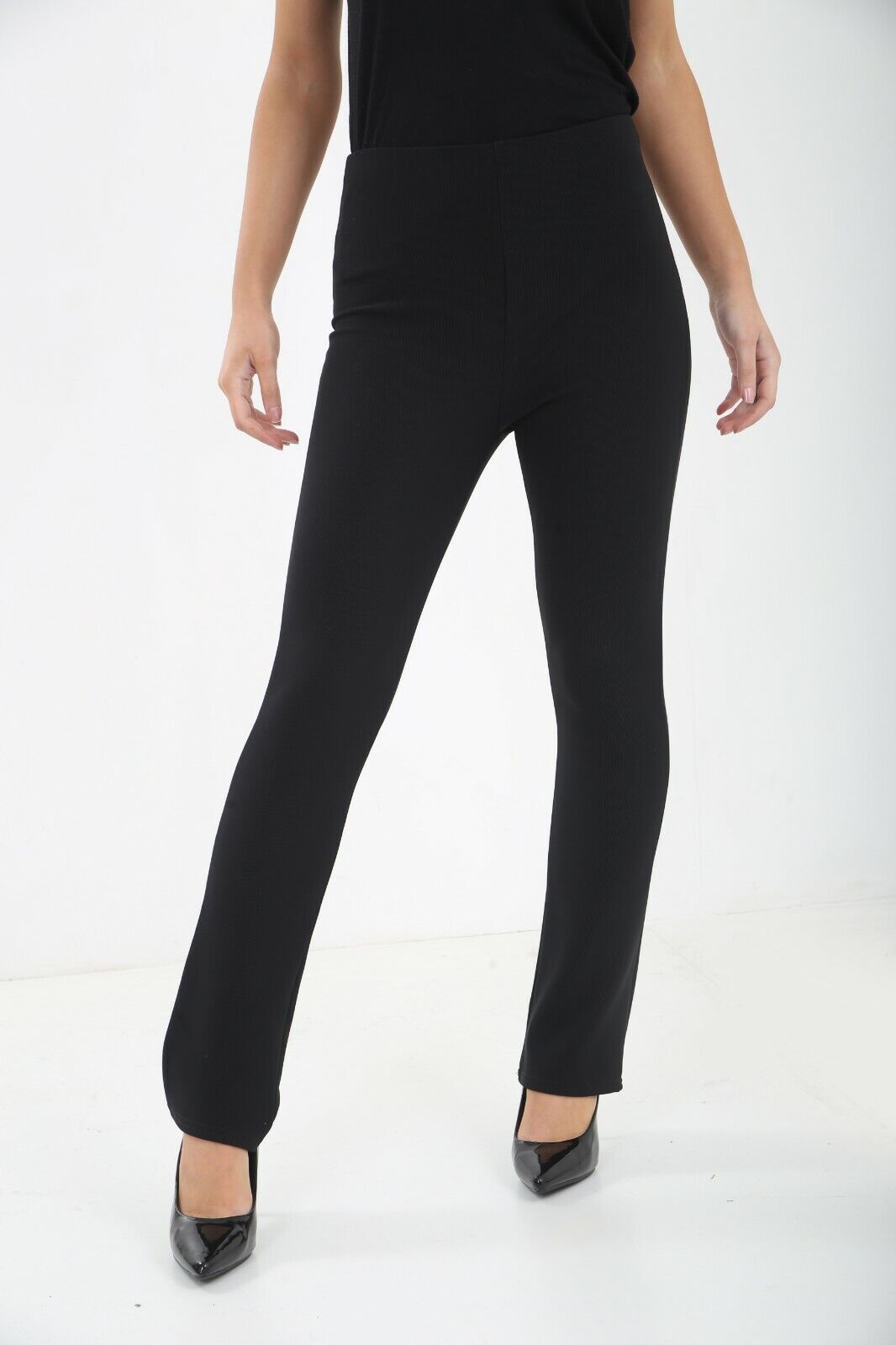 Black Straight Leg Stretch Ribbed Trouser For Women 8-10 - Dropwear