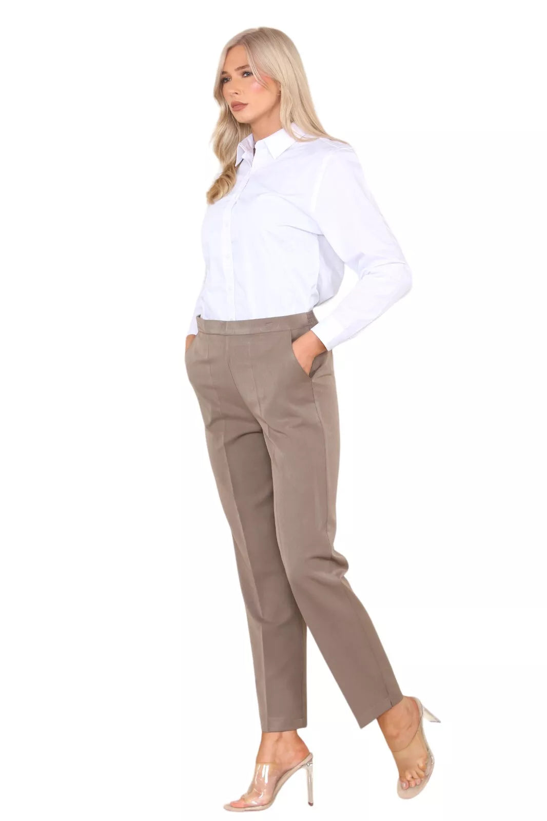 Blue Half Elasticated Pocket Trouser - Blue, Taupe, White For Women 10 - Dropwear