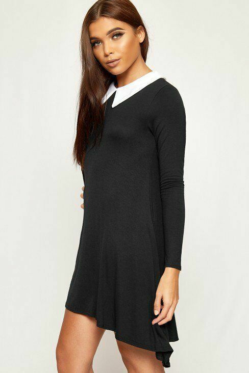 Black Plain Collar Flared Ladies Swing Dress For Women 12-14 - Dropwear