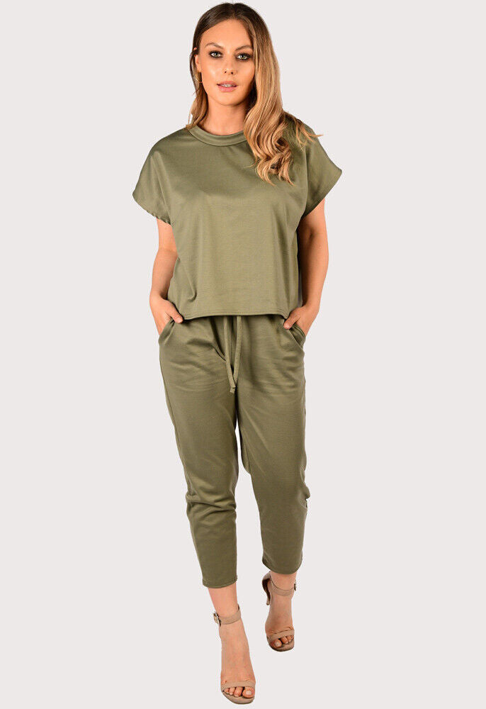 Khaki Boxy Short Sleeved Round Neck Two Piece Loungewear Tracksuit For Women 12-14 - Dropwear