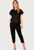 Black Boxy Short Sleeved Round Neck Two Piece Loungewear Tracksuit For Women 20-22 - Dropwear