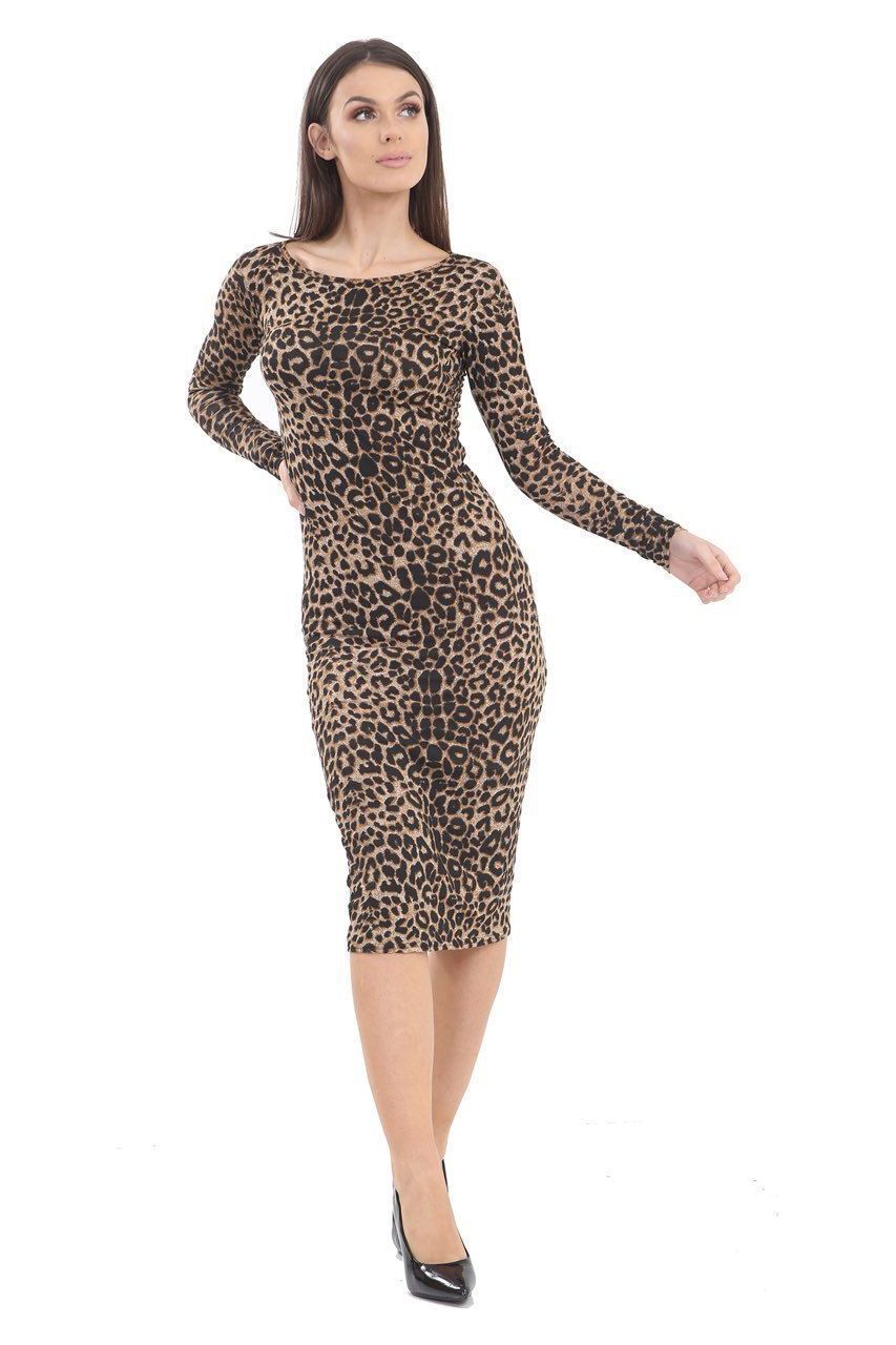 Leopard Brown Bodycon Leopard Brown Print Midi Dress For Women 8-10 - Dropwear