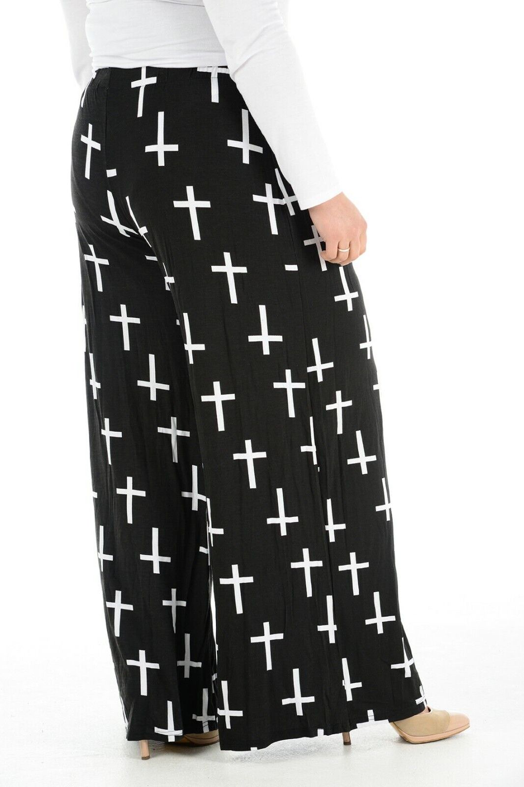 Black Cross Plus Size Black Cross Print Palazzo Trouser For Women 24-26 - Dropwear