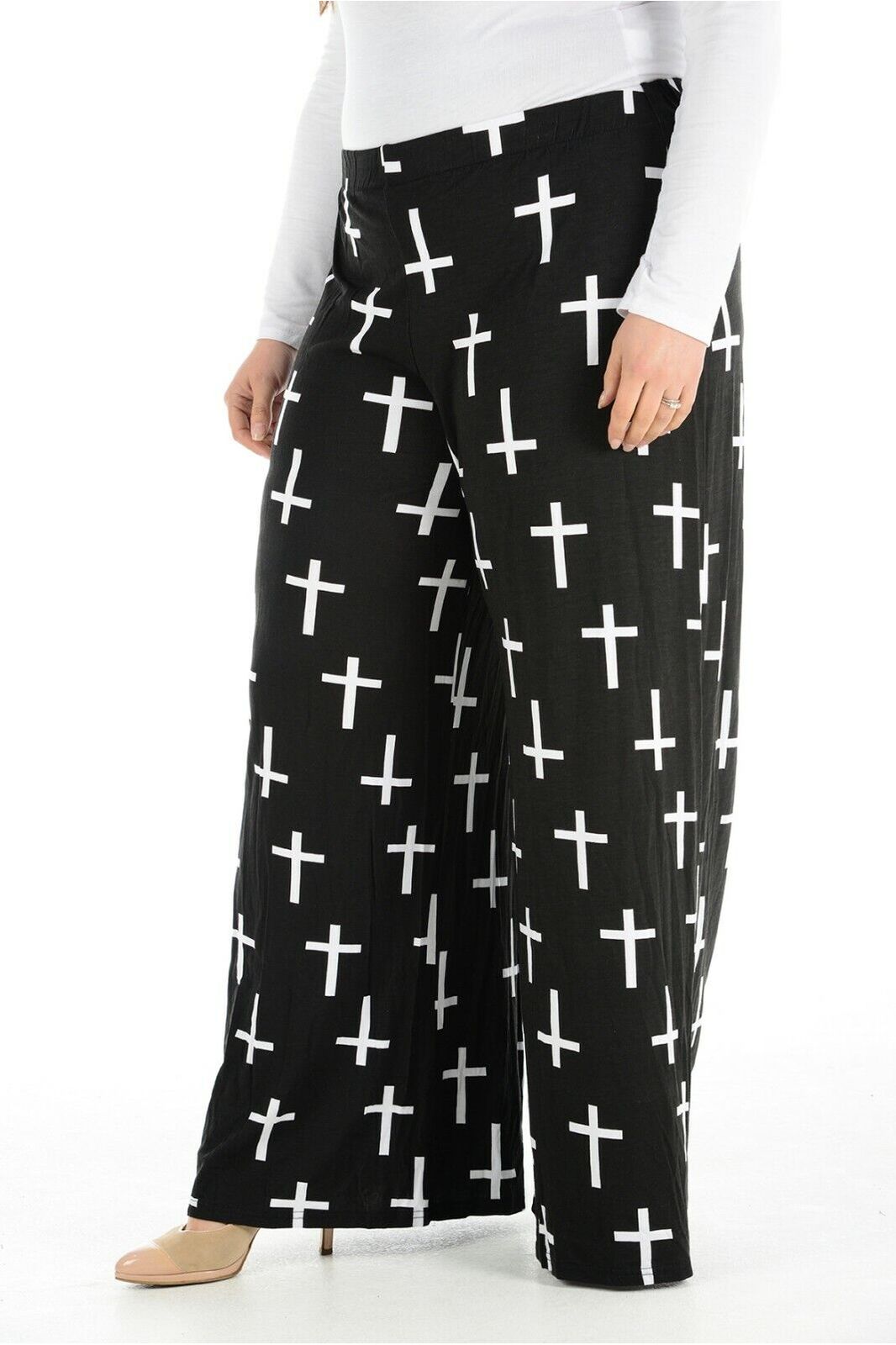 Black Cross Plus Size Black Cross Print Palazzo Trouser For Women 20-22 - Dropwear