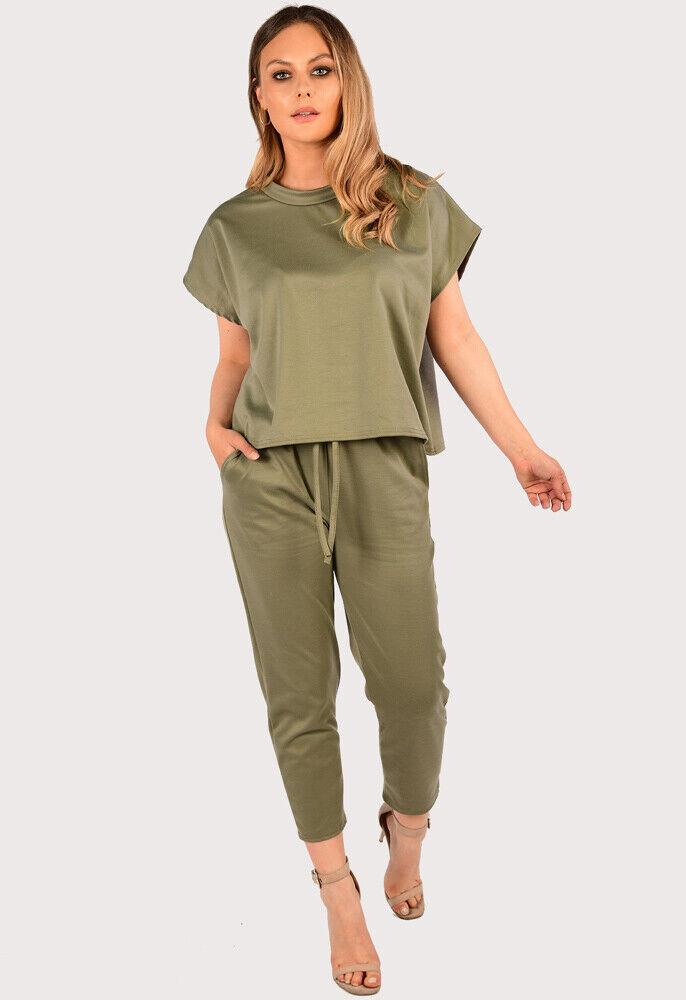Khaki Boxy Short Sleeved Round Neck Two Piece Loungewear Tracksuit For Women 16-18 - Dropwear