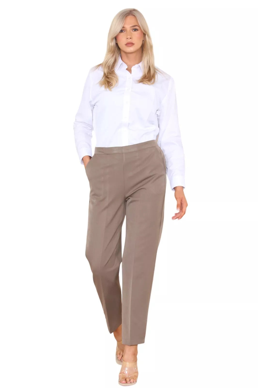 Blue Half Elasticated Pocket Trouser - Blue, Taupe, White For Women 8 - Dropwear