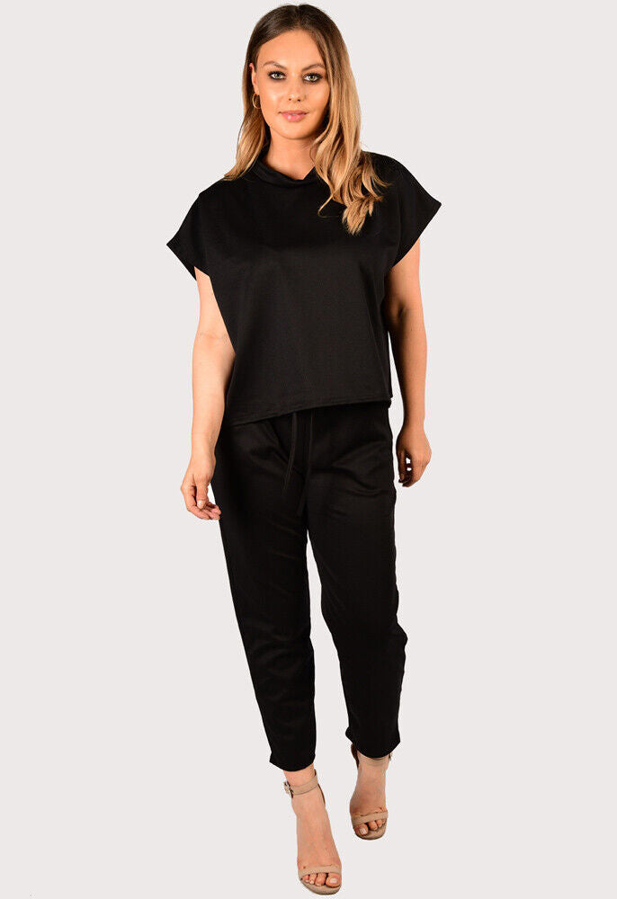 Black Boxy Short Sleeved Round Neck Two Piece Loungewear Tracksuit For Women 16-18 - Dropwear