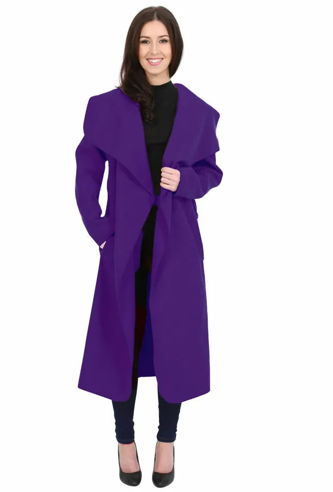 Navy Blue Plus Size Long Belt Pocket Open Coat For Women 16-22 - Dropwear