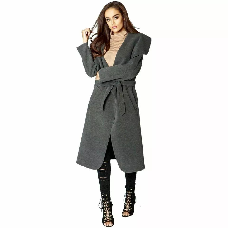 Wine Plus Size Long Belt Pocket Open Coat For Women 16-22 - Dropwear