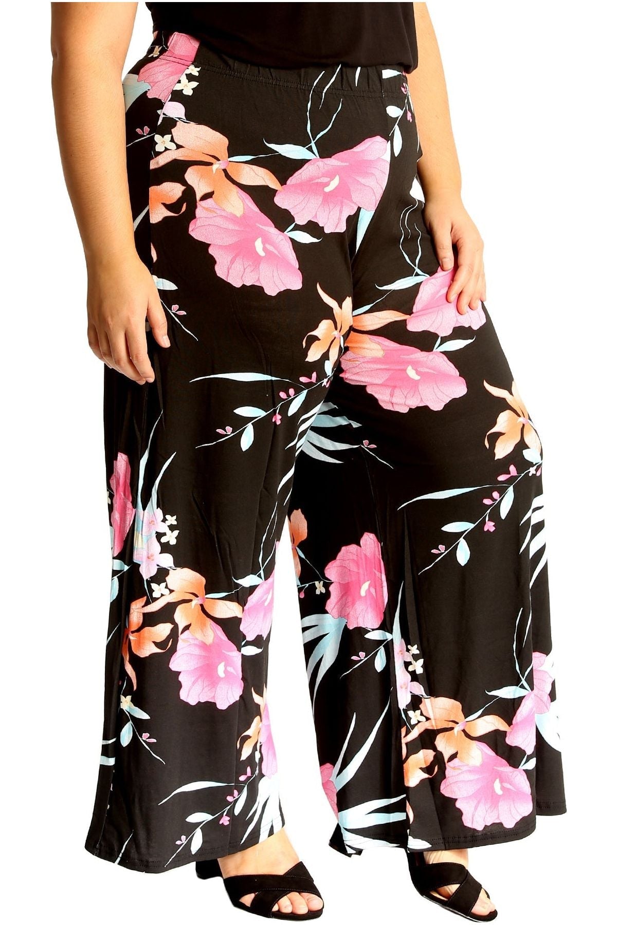 Black Plus Size Cerise Aqua Floral Print Palazzo Trouser For Women 20-22 - Dropwear