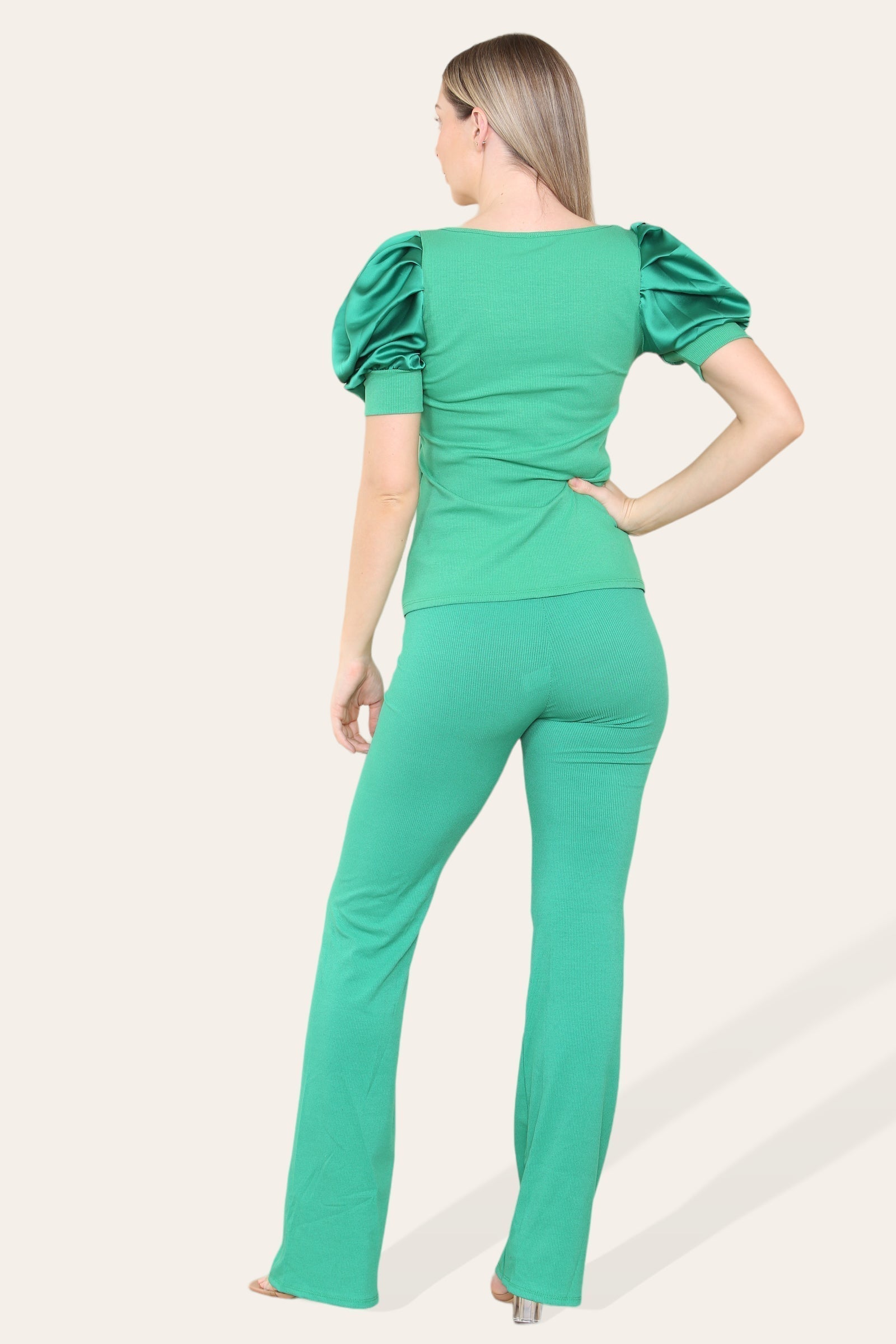 Beige Silky Satin Puff Sleeves Ribbed Lounge Set For Women 12-14 - Dropwear
