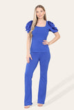Silky Satin Puff Sleeves Ribbed Lounge Set For Women  - Dropwear