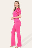 Green Silky Satin Puff Sleeves Ribbed Lounge Set For Women 12-14 - Dropwear