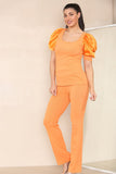 Fuchsia Silky Satin Puff Sleeves Ribbed Lounge Set For Women 8-10 - Dropwear
