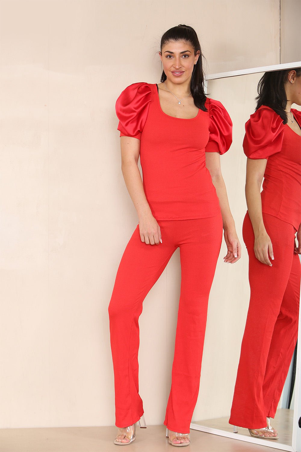 Red Silky Satin Puff Sleeves Ribbed Lounge Set For Women 8-10 - Dropwear