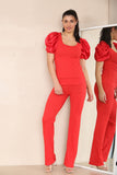 Red Silky Satin Puff Sleeves Ribbed Lounge Set For Women 8-10 - Dropwear
