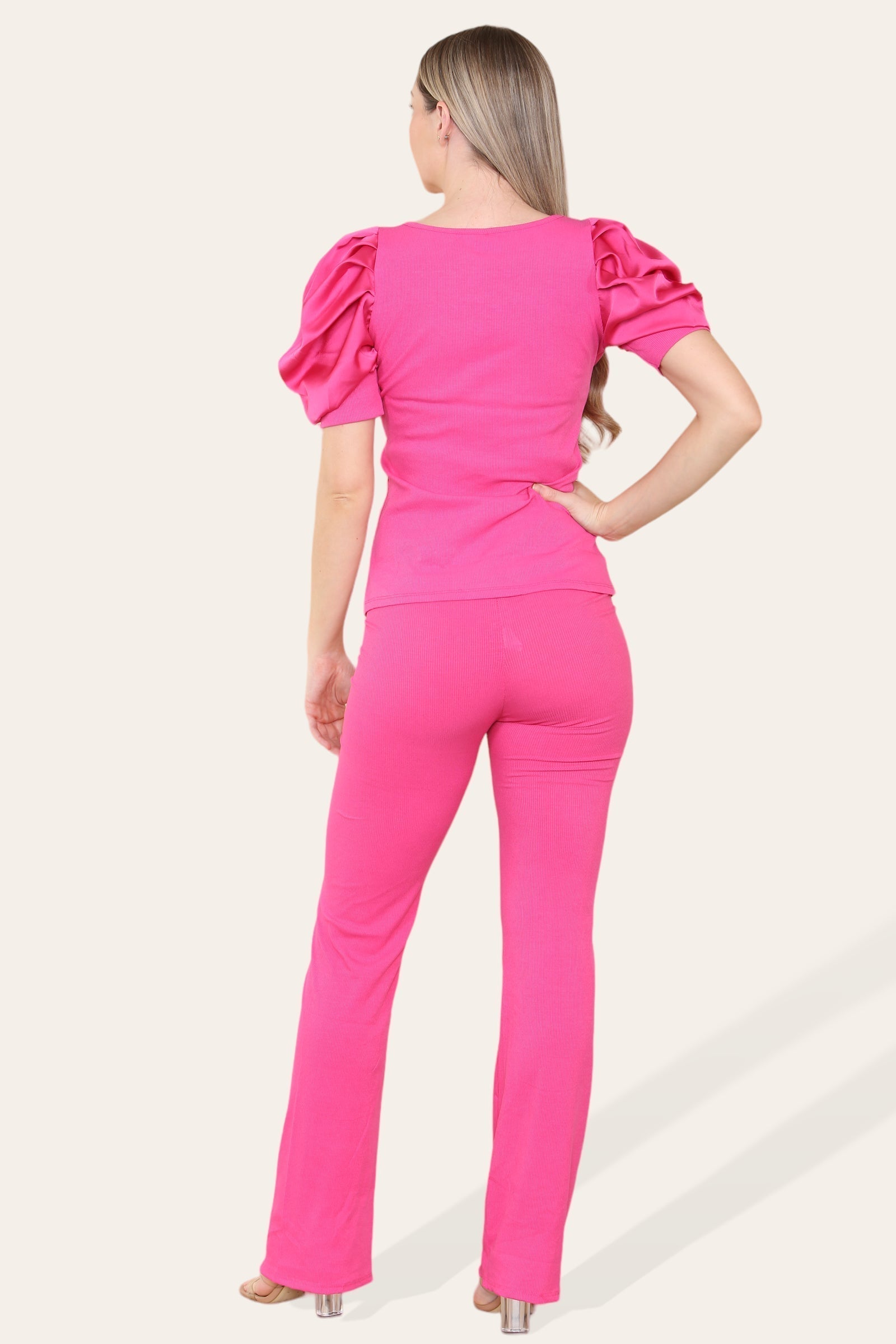 Black Silky Satin Puff Sleeves Ribbed Lounge Set For Women 12-14 - Dropwear
