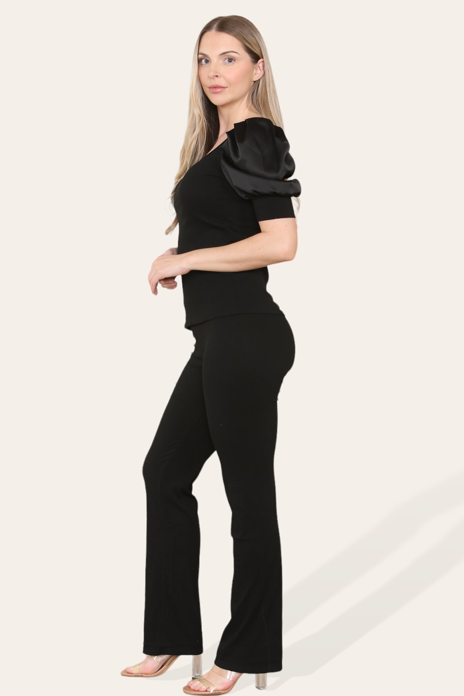 Silky Satin Puff Sleeves Ribbed Lounge Set For Women  - Dropwear