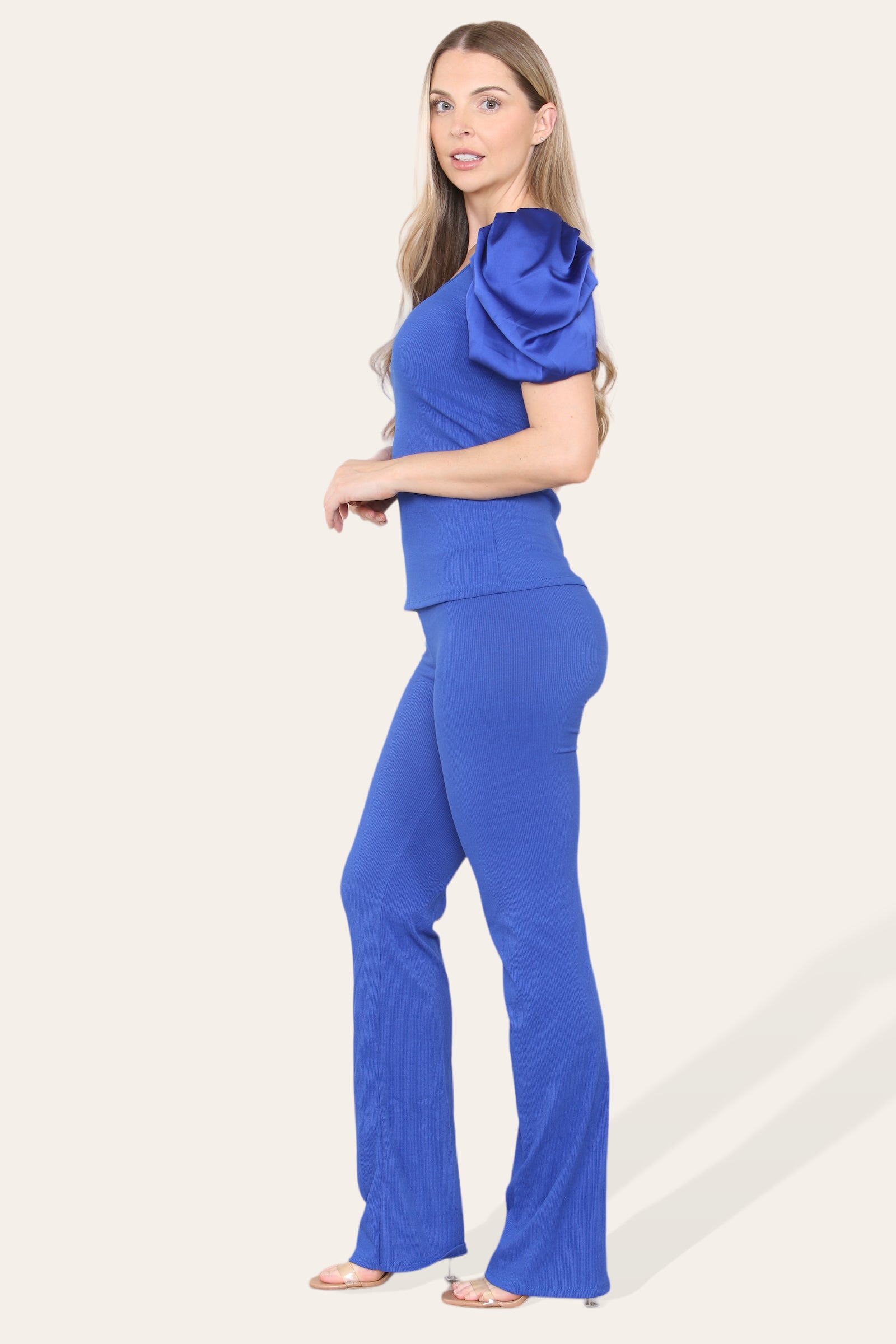 Silky Satin Puff Sleeves Ribbed Lounge Set For Women  - Dropwear
