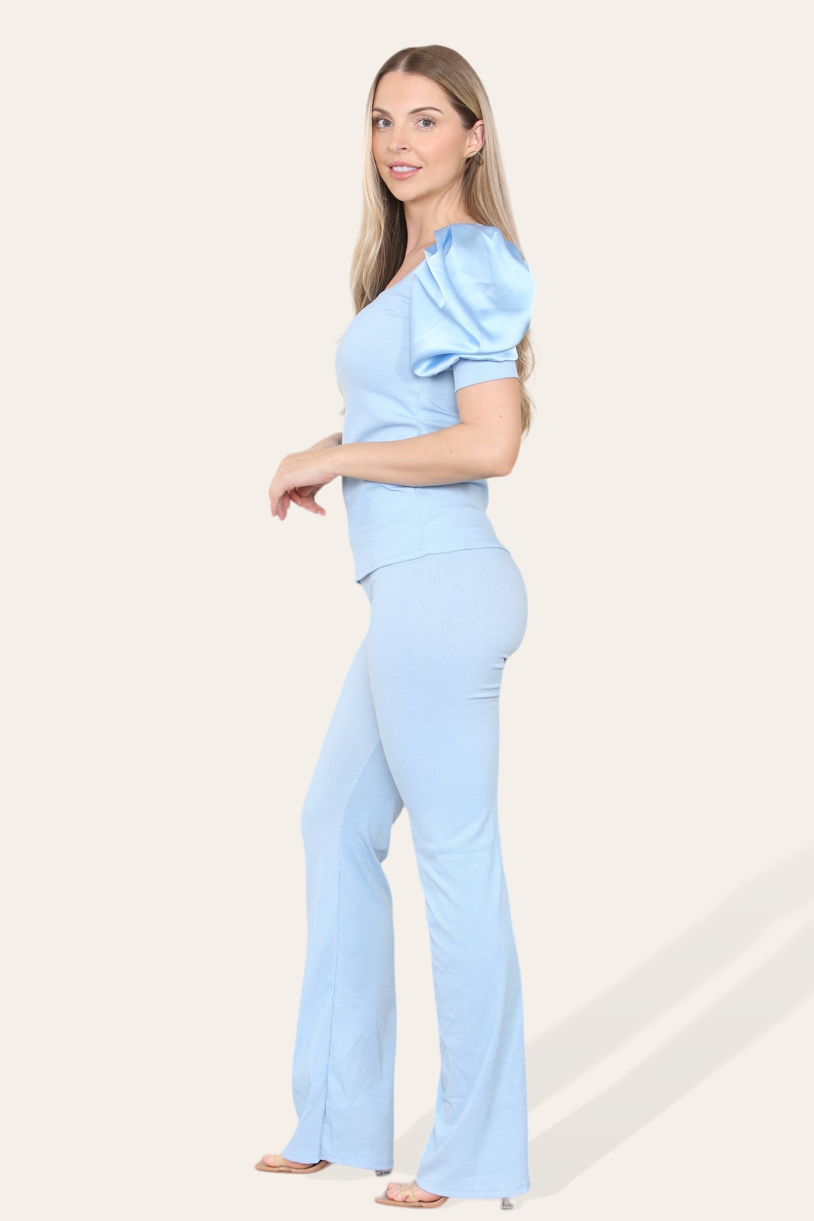 Silky Satin Puff Sleeves Ribbed Lounge Set For Women  - Dropwear
