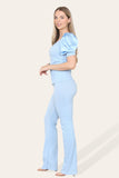Silky Satin Puff Sleeves Ribbed Lounge Set For Women  - Dropwear