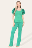 Dusty Pink Silky Satin Puff Sleeves Ribbed Lounge Set For Women 12-14 - Dropwear