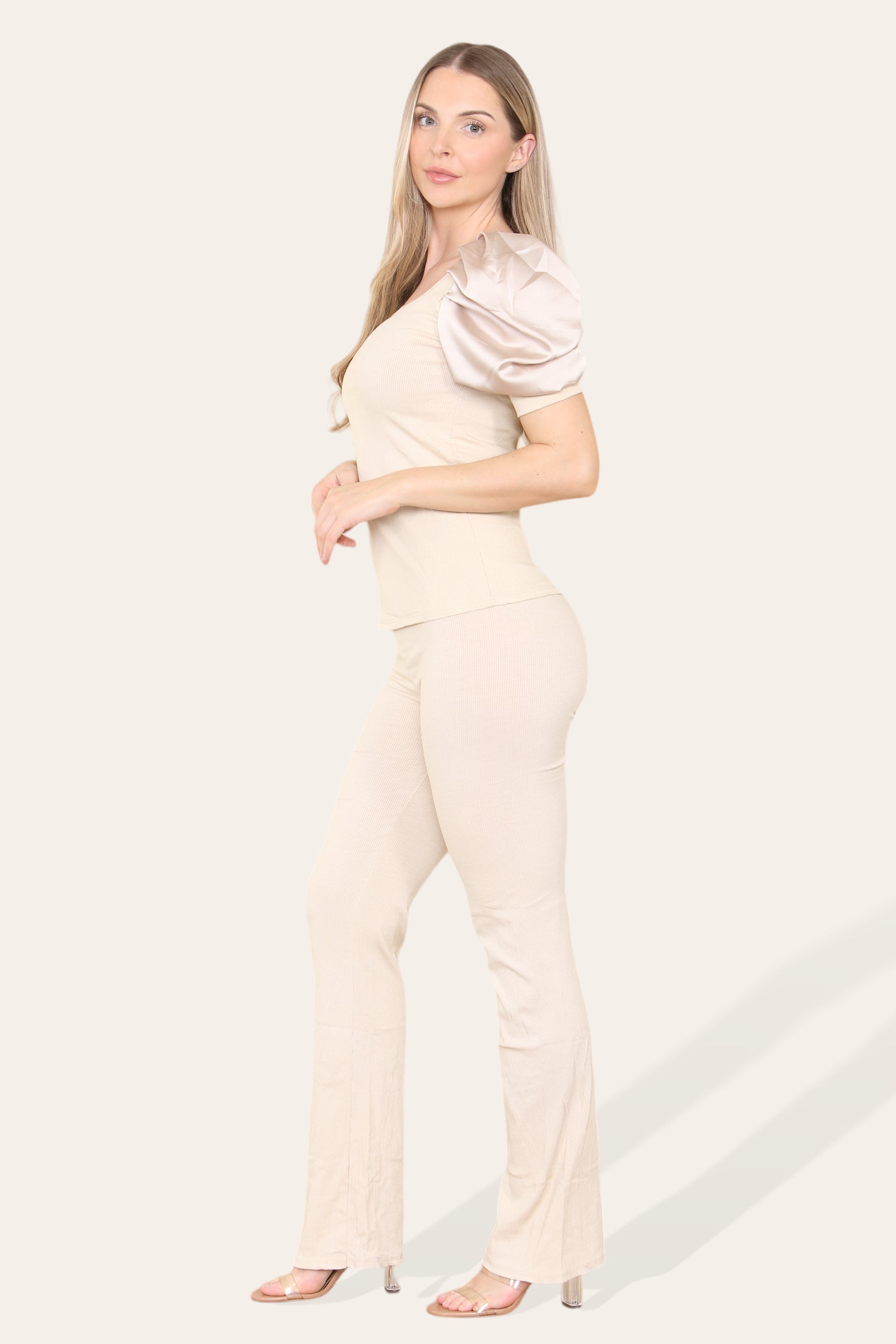 Silky Satin Puff Sleeves Ribbed Lounge Set For Women  - Dropwear