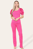 Fuchsia Silky Satin Puff Sleeves Ribbed Lounge Set For Women 12-14 - Dropwear