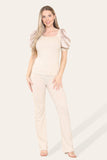 Silky Satin Puff Sleeves Ribbed Lounge Set For Women  - Dropwear