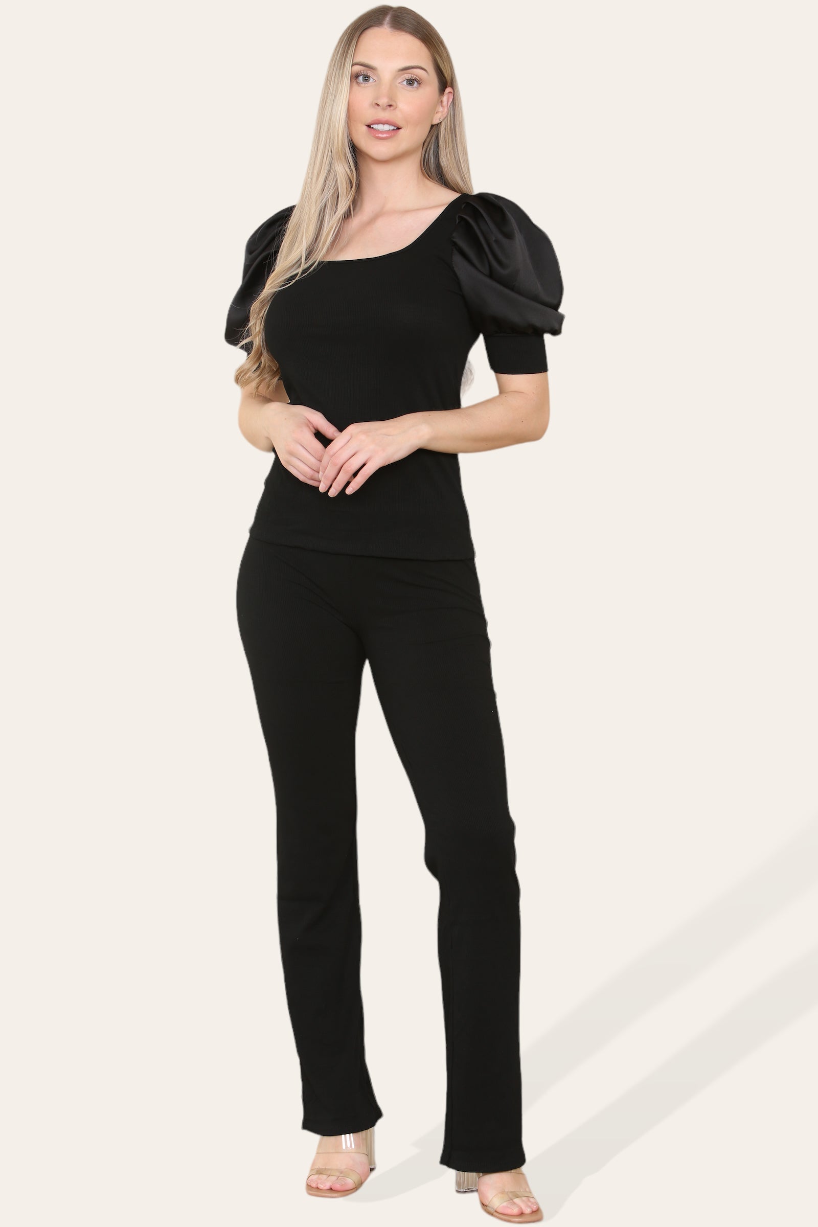 Silky Satin Puff Sleeves Ribbed Lounge Set For Women  - Dropwear