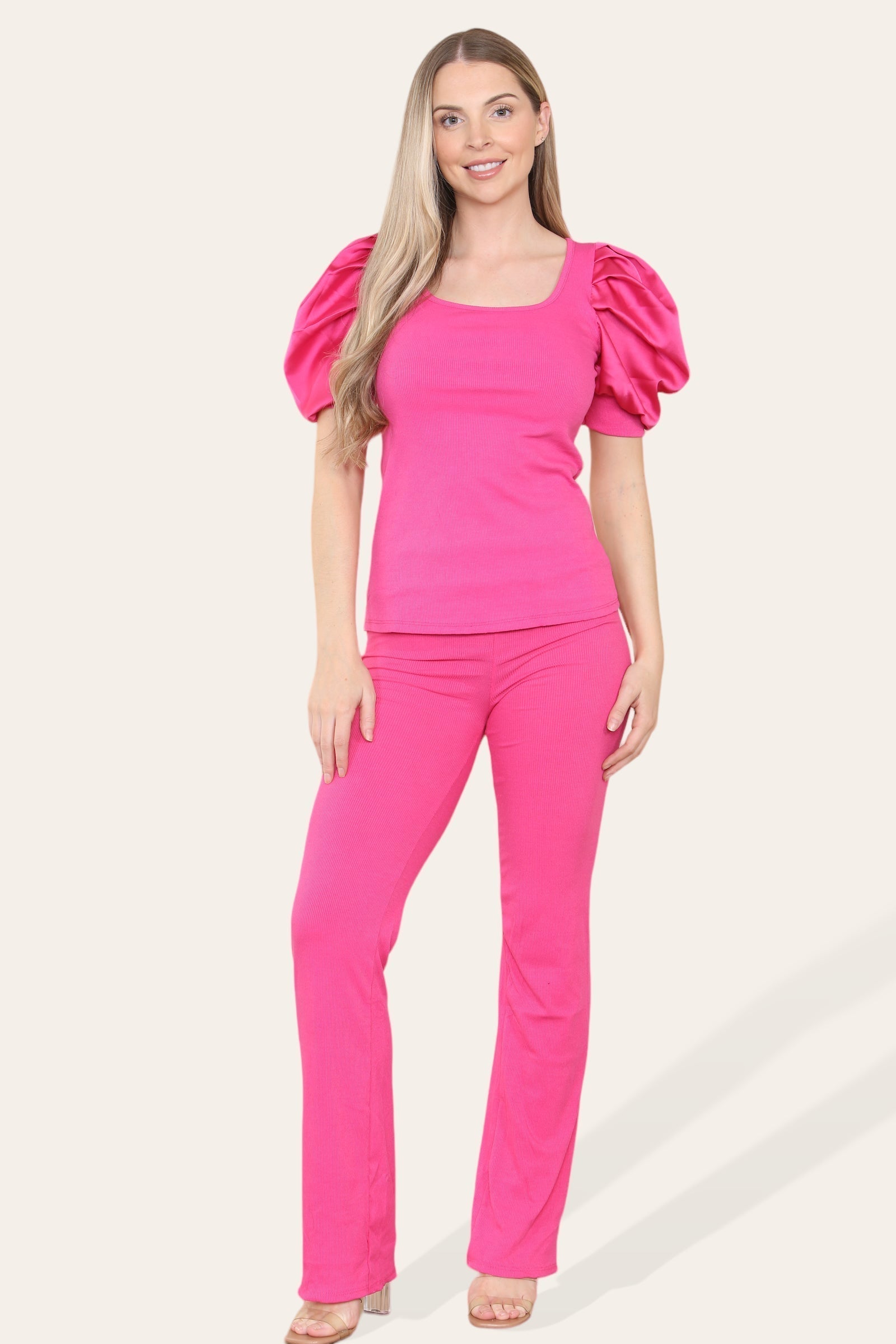 Sky Blue Silky Satin Puff Sleeves Ribbed Lounge Set For Women 12-14 - Dropwear