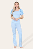 Silky Satin Puff Sleeves Ribbed Lounge Set For Women  - Dropwear