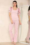 Black Silky Satin Puff Sleeves Ribbed Lounge Set For Women 8-10 - Dropwear